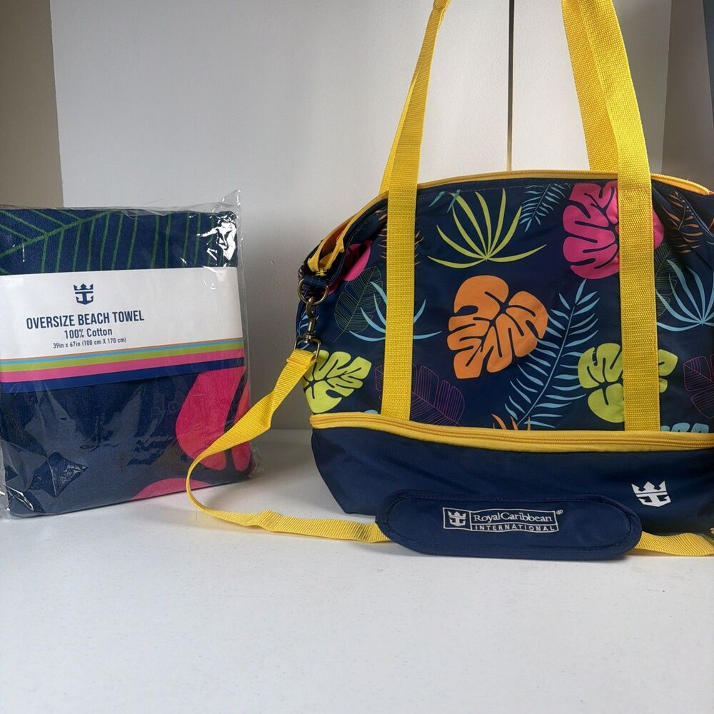 Royal Caribbean Blue Tropical Tote and Towel Set- Pre Owned Tote But New Towel